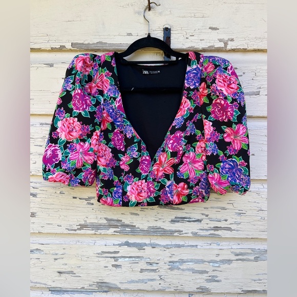 Zara Floral V Neck Puffed Sleeves Festival Summer Spring Crop Top Blouse S - Picture 4 of 10